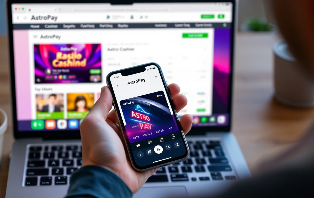 Person som bruker AstroPay-appen på mobiltelefon for å sette inn penger på et nettcasino.