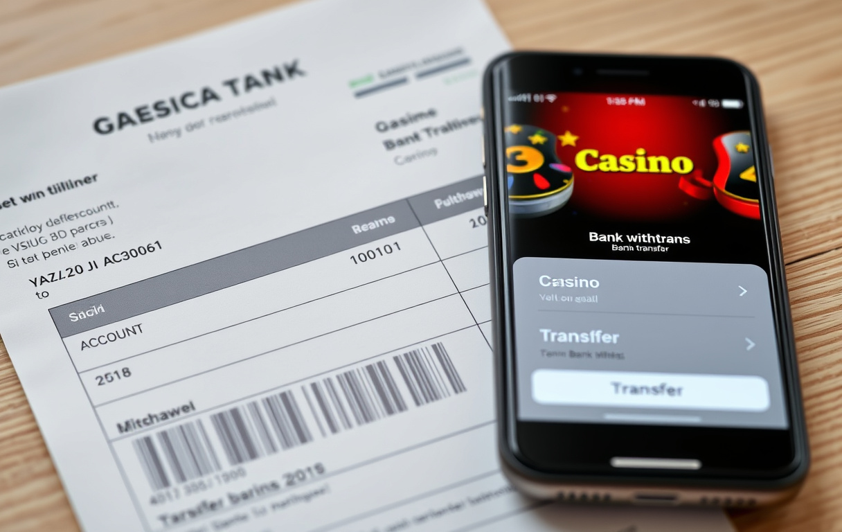 Norsk kontoutskrift med casino-uttak og mobilskjerm som viser bankoverføring i kassen