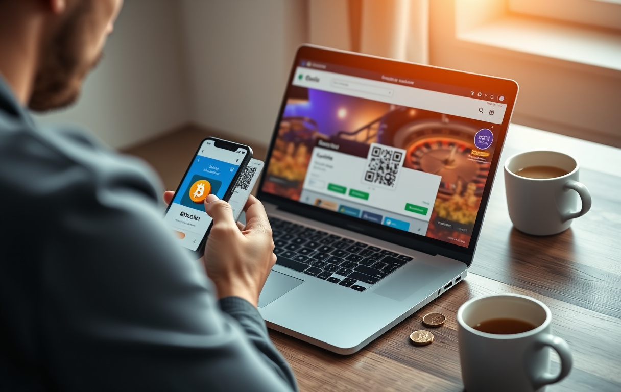 Norsk spiller som setter inn Bitcoin på casino via mobil-lommebok og QR-kode på laptop