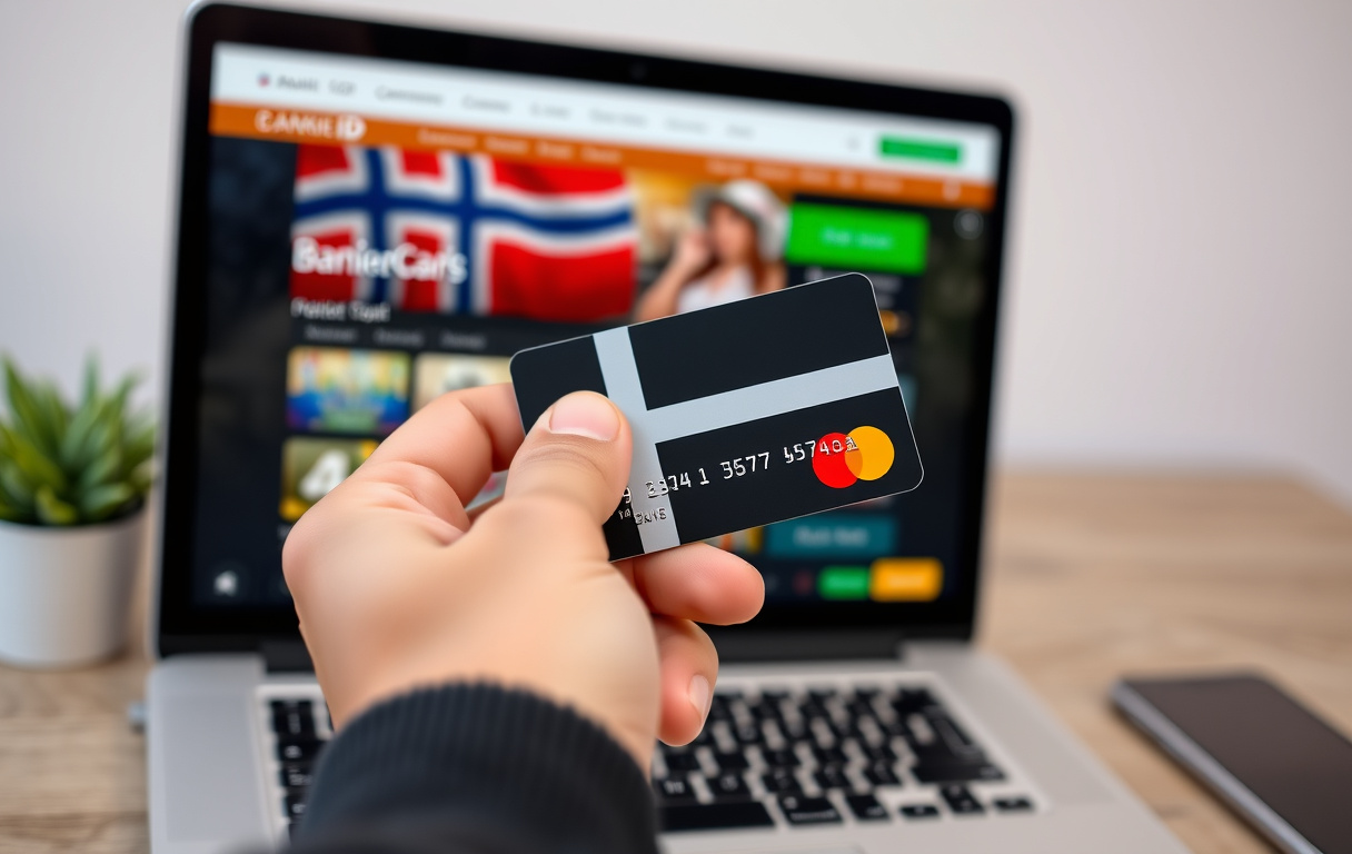 Hånd som holder Mastercard-kort foran en laptop med casino-kasse og BankID-logo