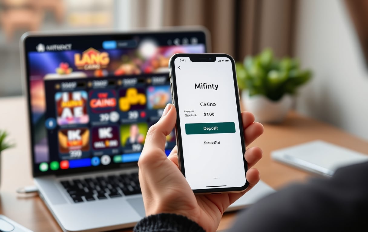 Person som bruker Mifinity-appen på mobil for å sette inn penger på et nettcasino.