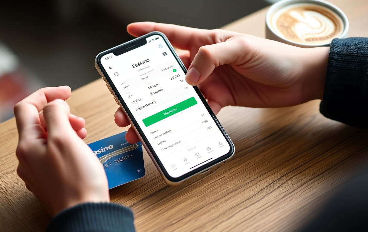 En person som betaler med mobiltelefon på et nettcasino.