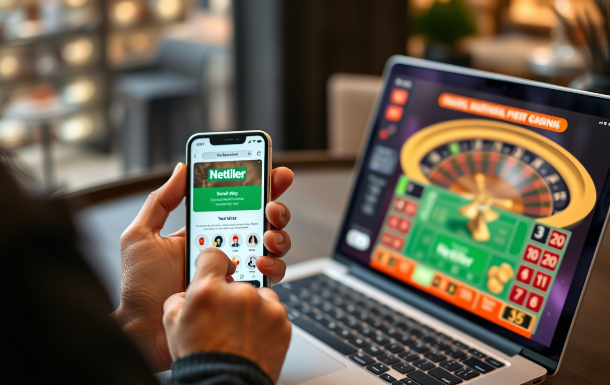 Neteller mobilapp og casino på laptop.