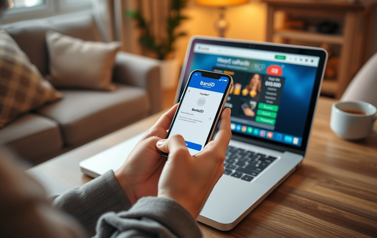 En person som holder en mobiltelefon med BankID-appen åpen, foran en bærbar PC med et casino-kassevindu. Bakgrunnen er en norsk stue med en kopp kaffe.