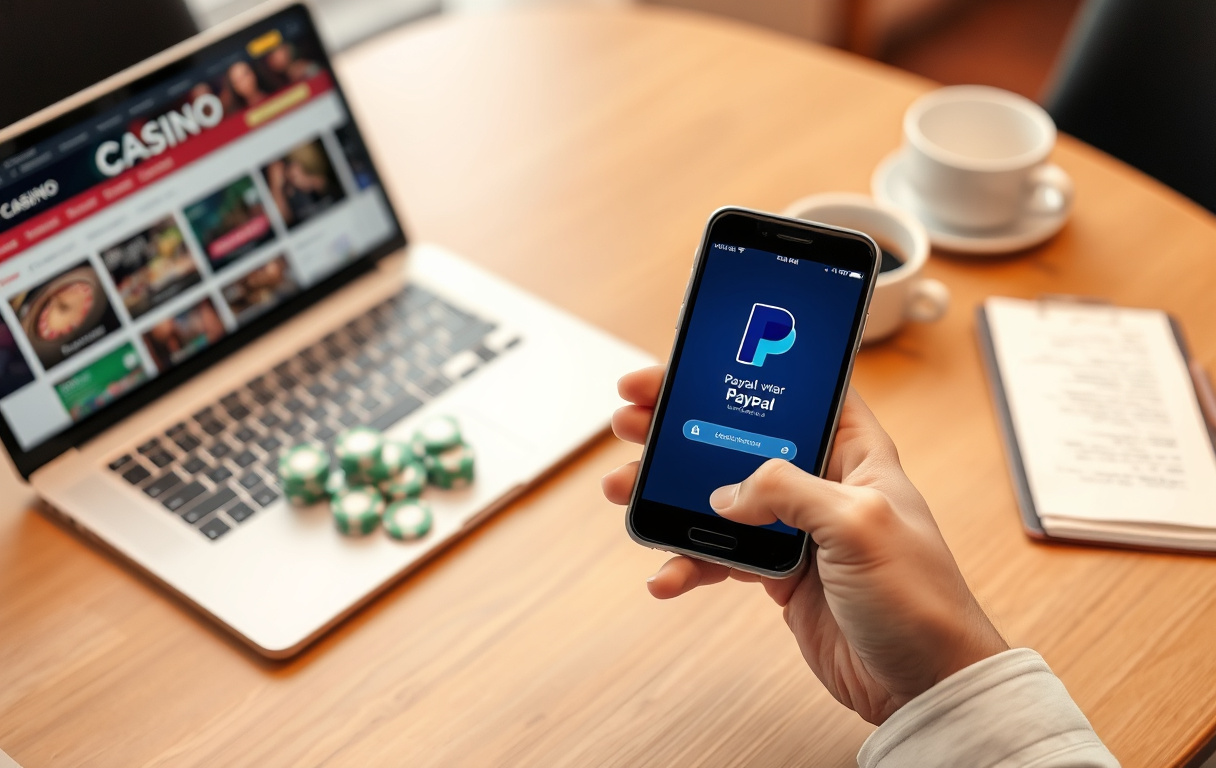 Person med mobiltelefon med PayPal-appen åpen, ved siden av kasinochips og laptop