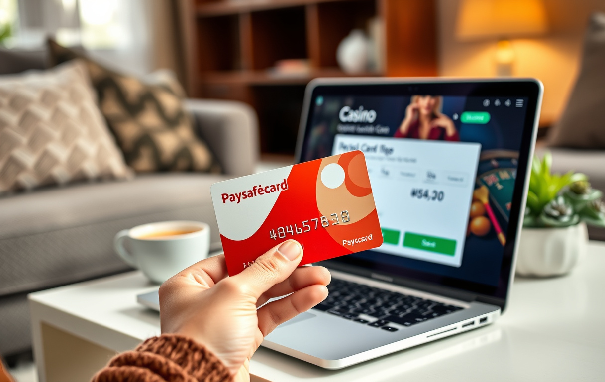 Person som holder et Paysafecard ved siden av en laptop med casino-innskuddsskjerm