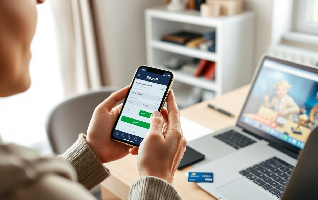 Person som bruker Revolut-appen for å sette inn penger på et nettcasino, med Revolut-kort og laptop synlig.