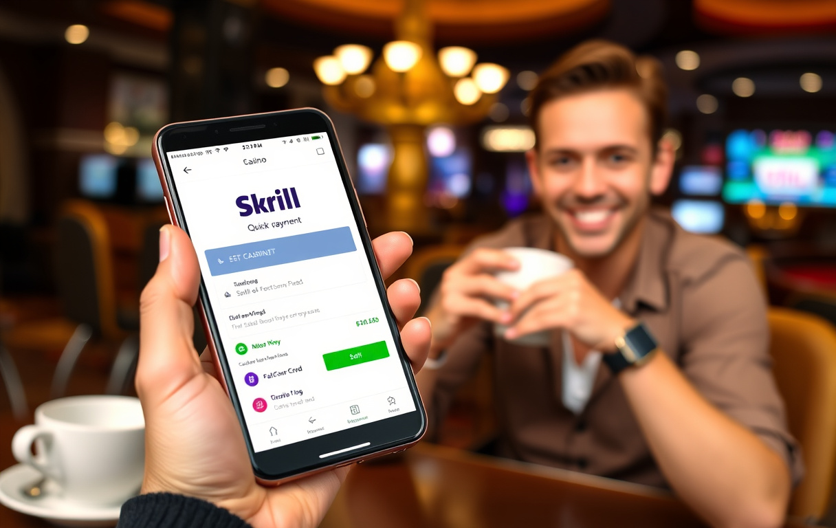 Person med mobil som viser Skrill-appen, med diffus casino-bakgrunn