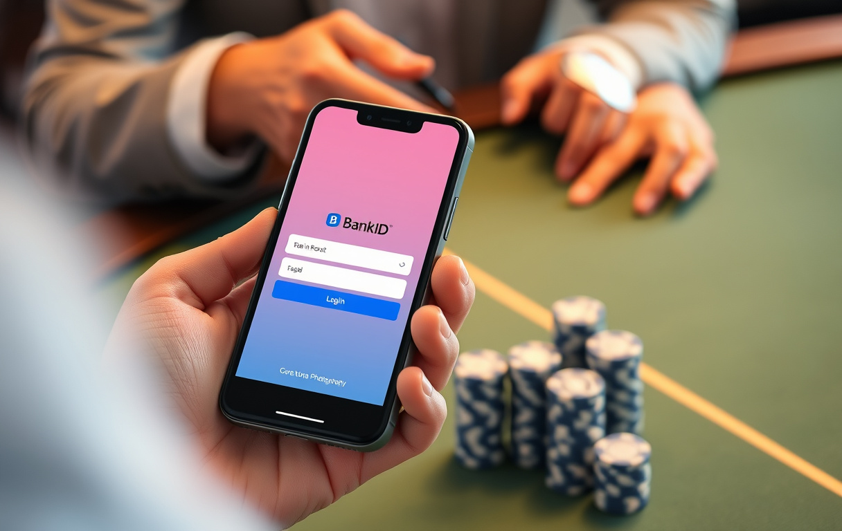 Person med mobil og BankID foran casinochips