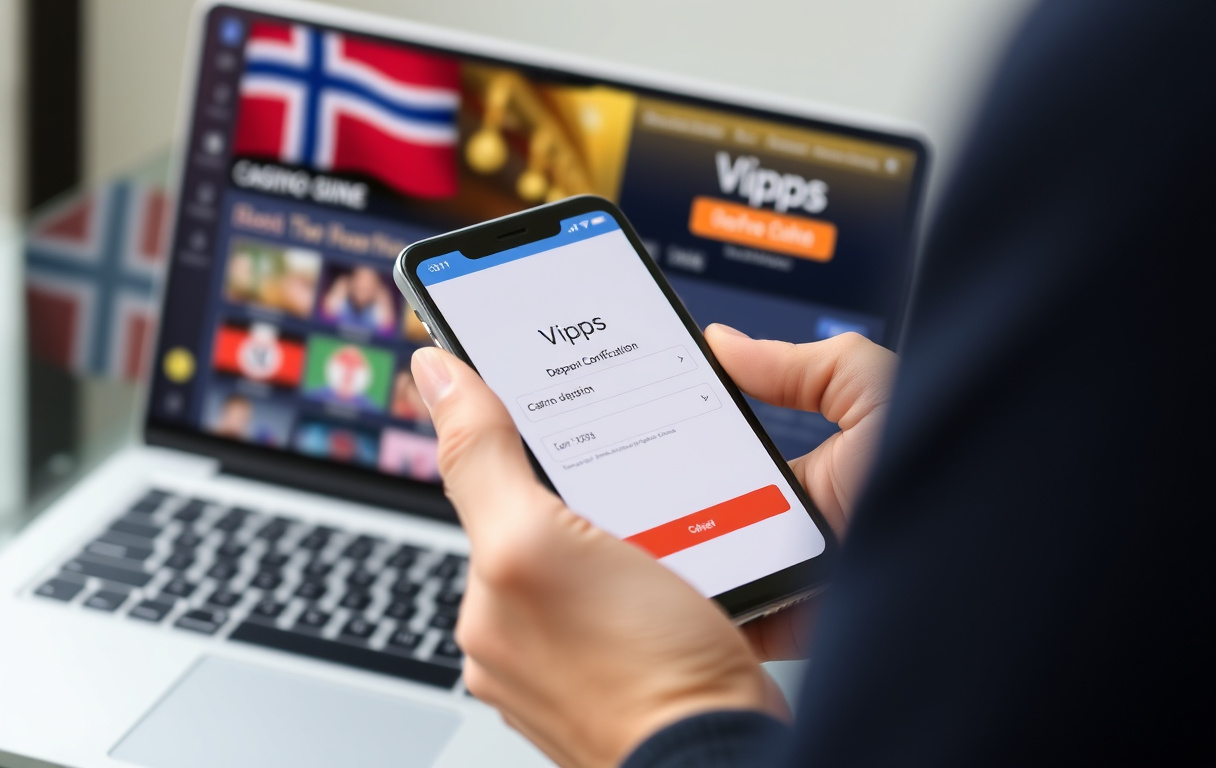 Person som bruker Vipps på mobilen for å sette inn penger på et nettcasino, med laptop i bakgrunnen.