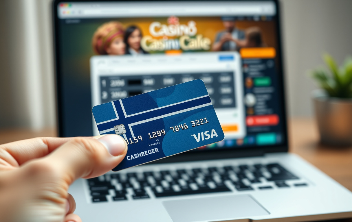 Norsk Visa-debetkort holdt foran en laptop med casino-kasse på skjermen