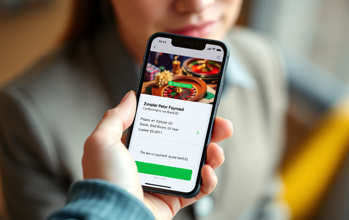 Person som betaler med Zimpler på mobilen på et nettcasino.