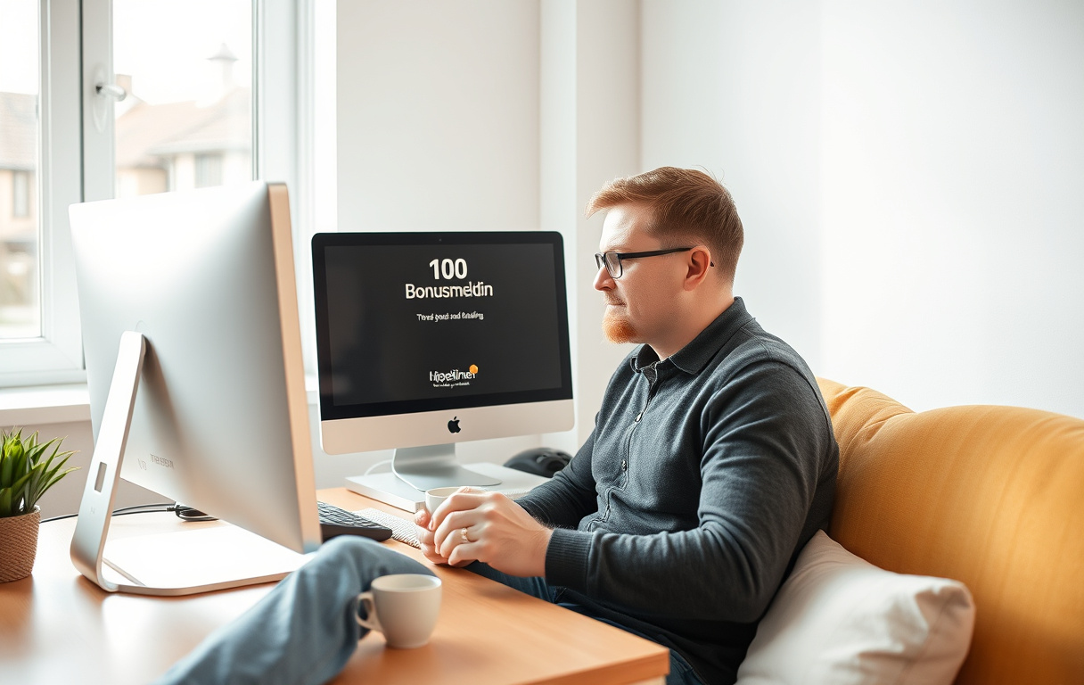 En person ved en datamaskin med 100 kr bonus på skjermen og Hjelpelinjen synlig.