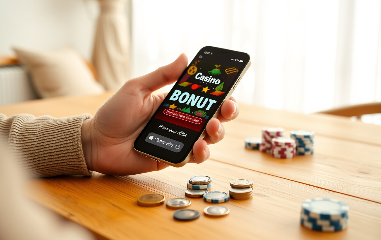 Person med smarttelefon som viser en casinobonus, med mynter og sjetonger på et trebord.