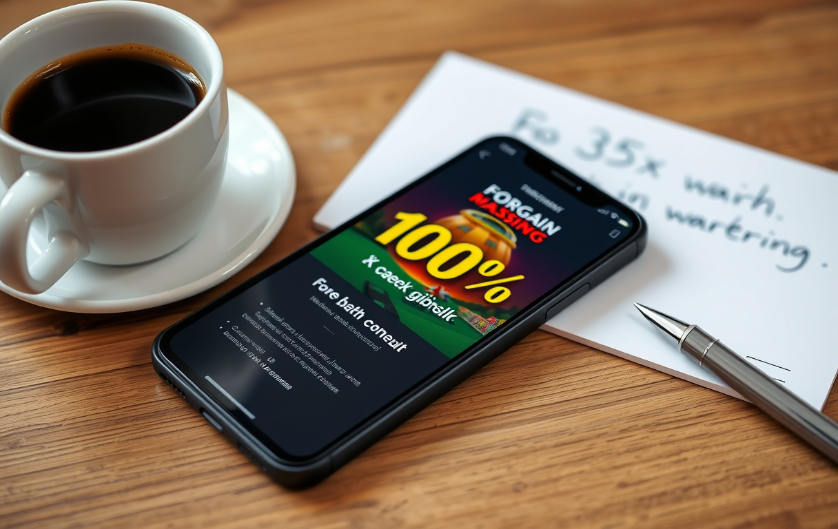 Smarttelefon med norsk casino bonustilbud på skjermen, ved siden av kaffekopp og notatblokk med bonusvilkår.