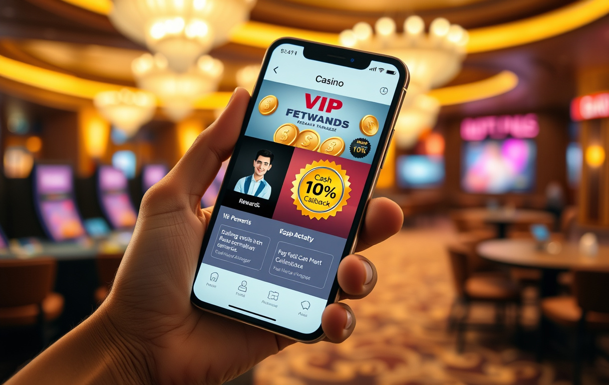 Mobiltelefon som viser VIP-casinogrensesnitt med gullmynter og cashback-merke, i et luksuriøst miljø.