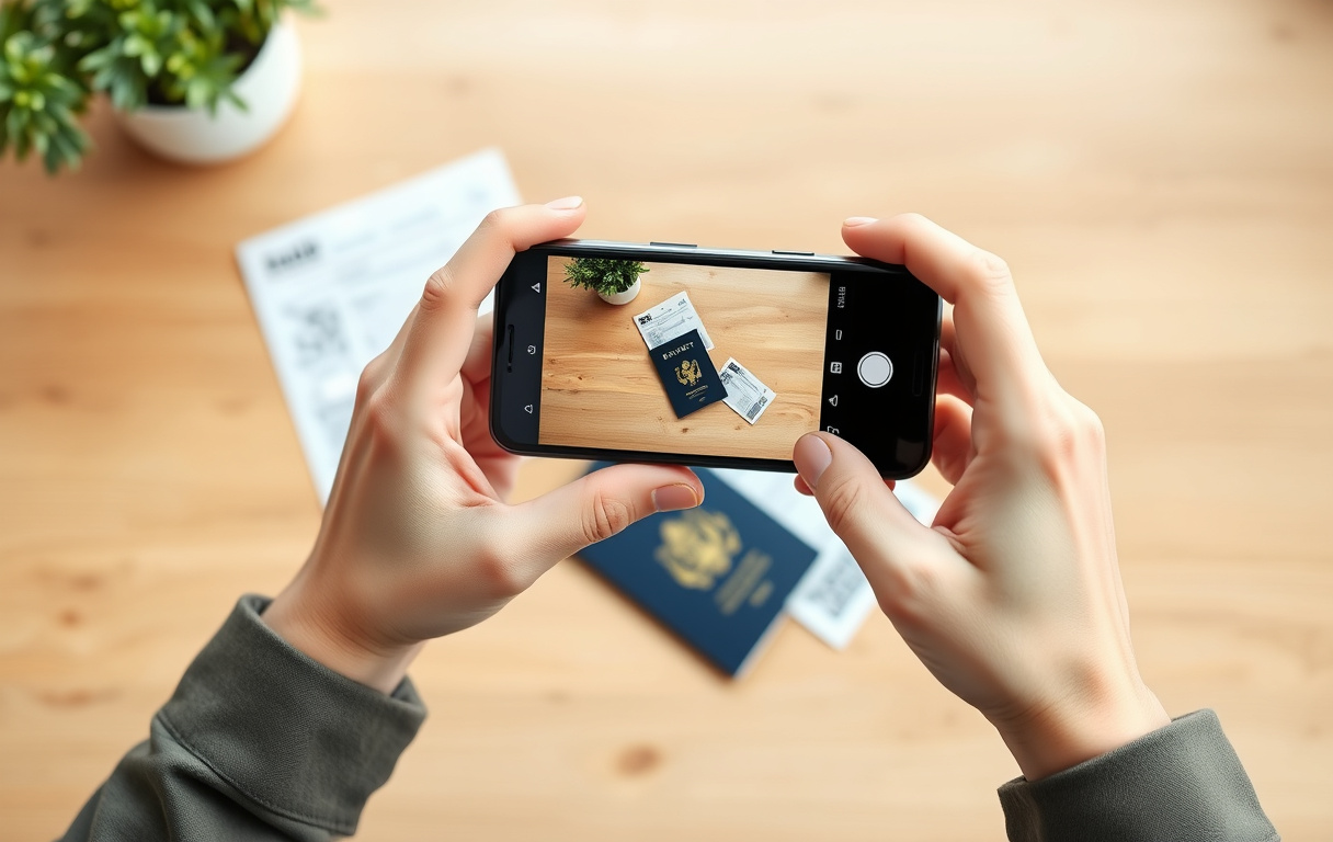 En person tar bilde av pass og strømregning med mobiltelefon for casino-verifisering.