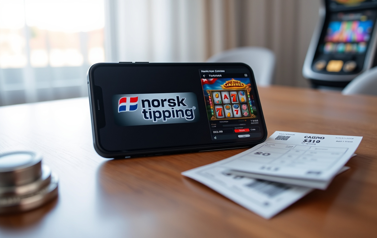 Sammenligning av Norsk Tipping og nettcasino vist på en smarttelefon med lotteri- og spilleautomater i bakgrunnen.
