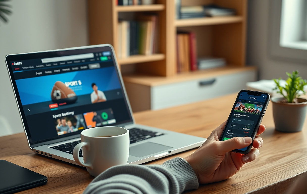 Person som sammenligner bettingsider på laptop og mobil