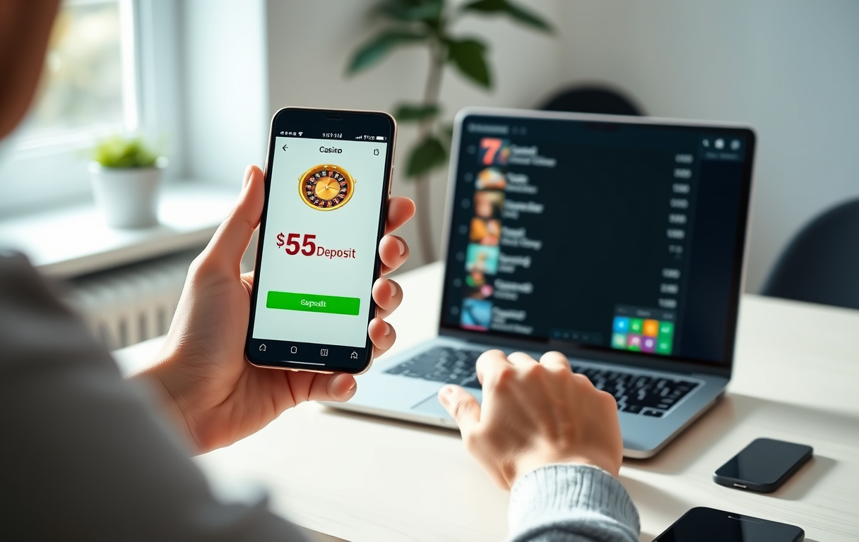 Person med mobil som viser innskudd på 50 kroner i et nettcasino, med en pc i bakgrunnen.