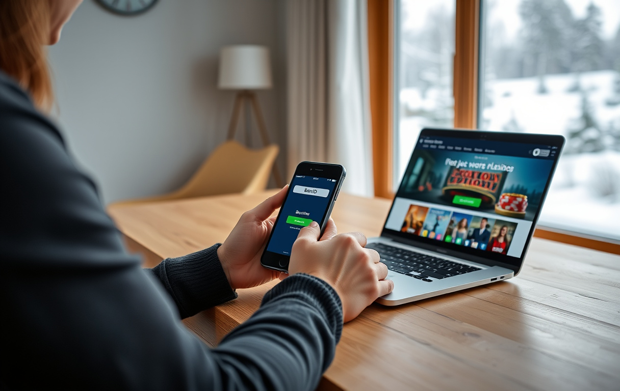 Person med mobil og laptop som viser casino uten registrering med BankID