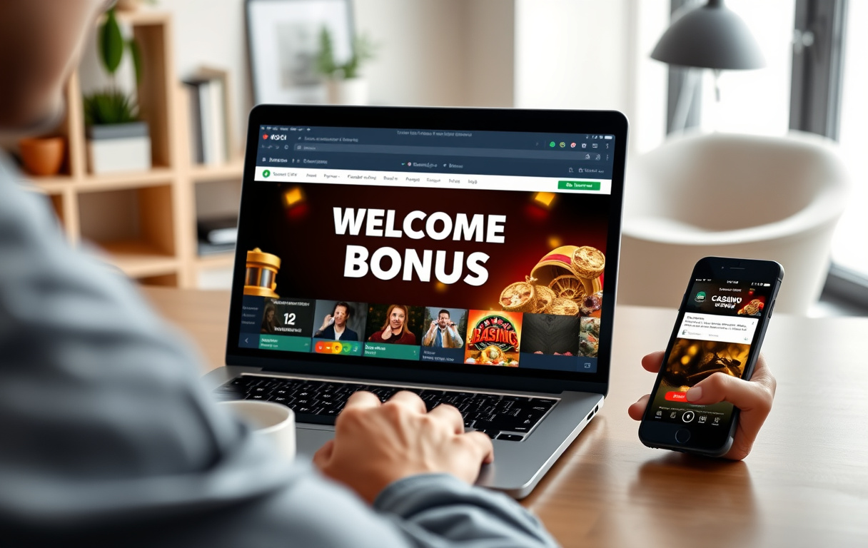 Person som sitter ved et skrivebord med laptop som viser en casino-bonus, kaffekopp og mobiltelefon.