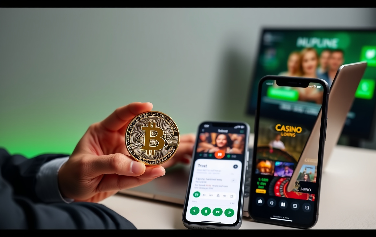 Person med Bitcoin-mynt og laptop foran et kryptocasino