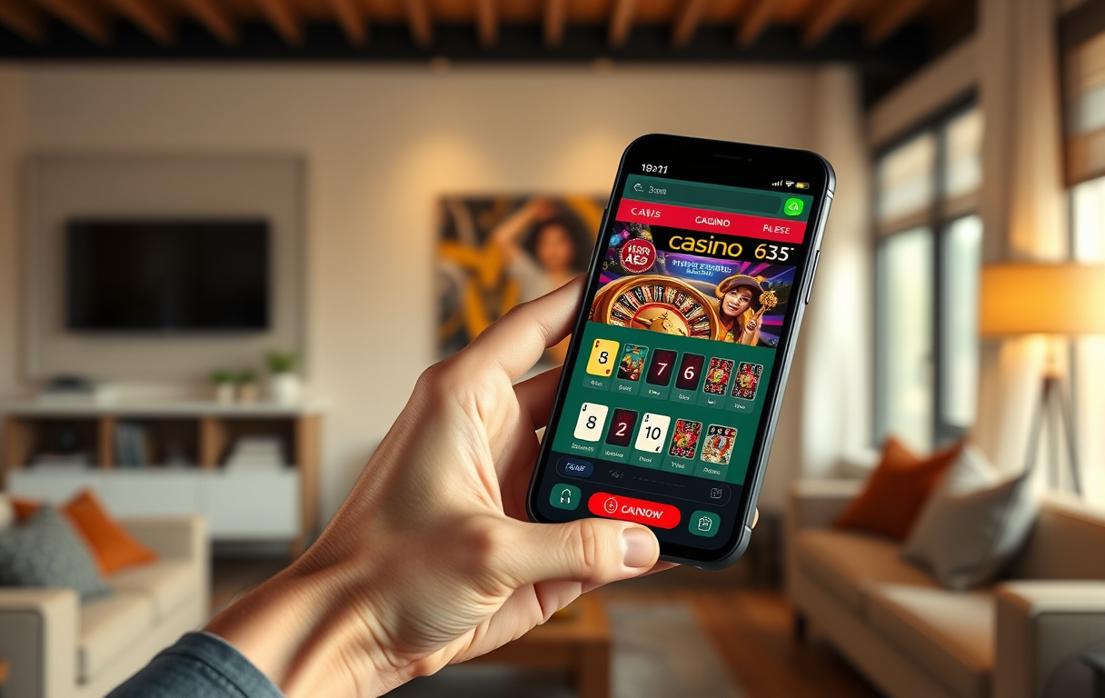 Person som spiller på mobilcasino med spilleautomater og live casino på skjermen.