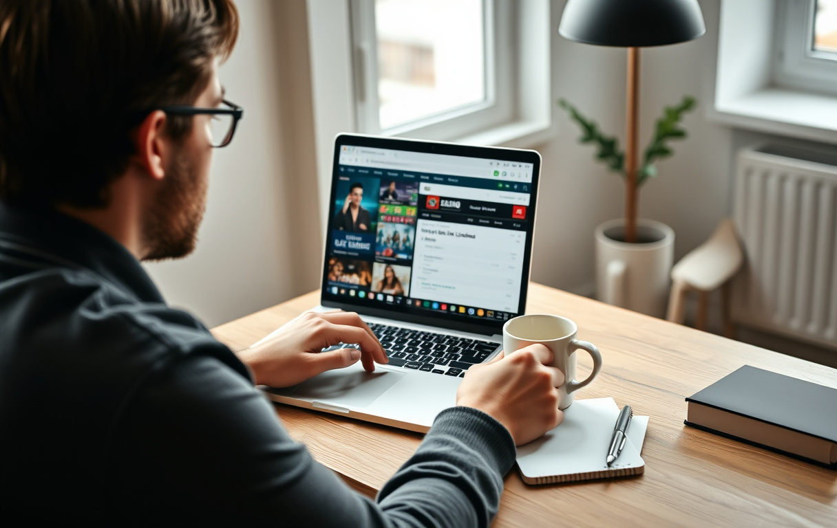 Person som sammenligner casinoer på laptop med notatblokk