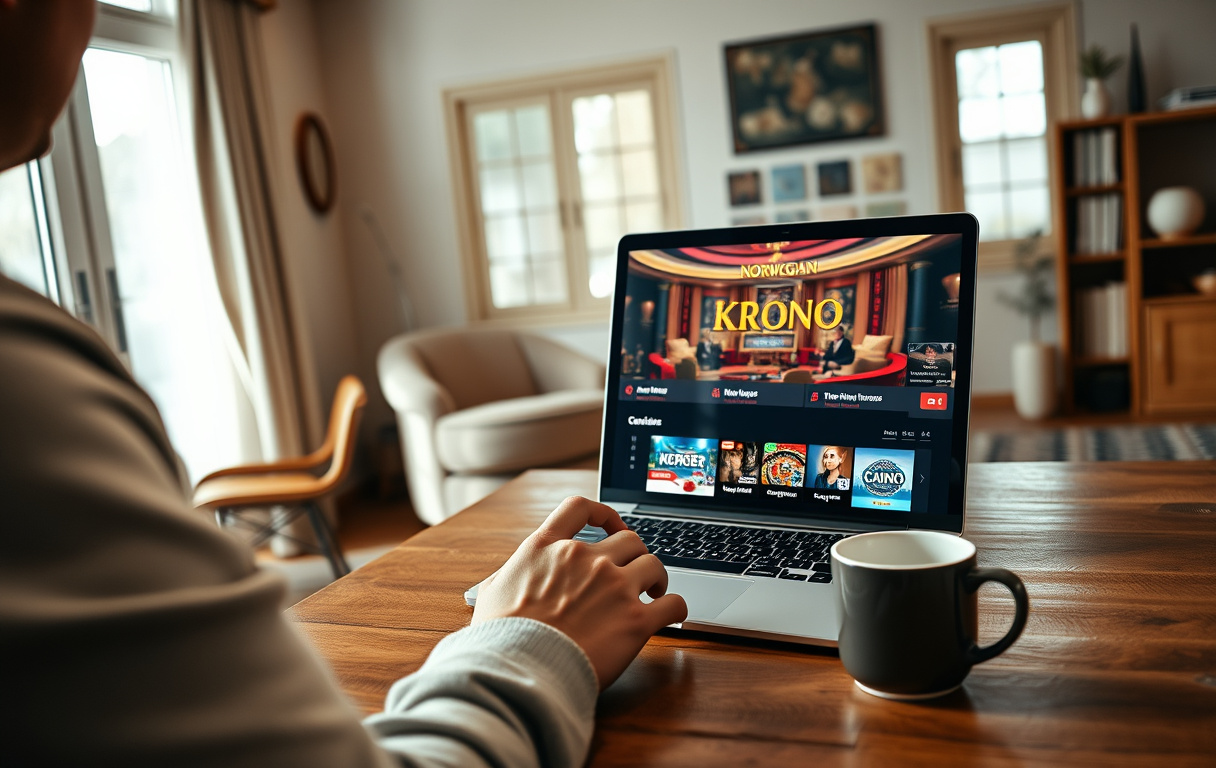 Person som spiller på nettcasino på laptop med norske kroner og en kopp kaffe