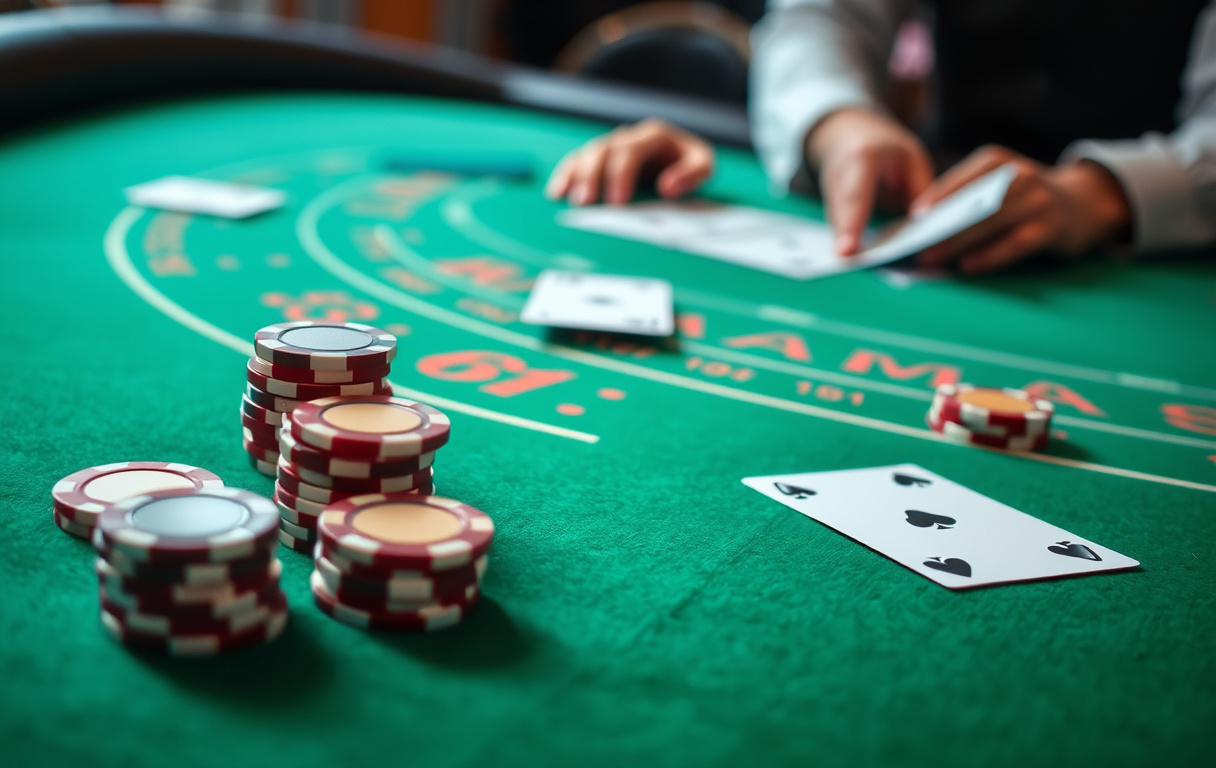 Baccarat-bord med kort og sjetonger på Spiller og Banker