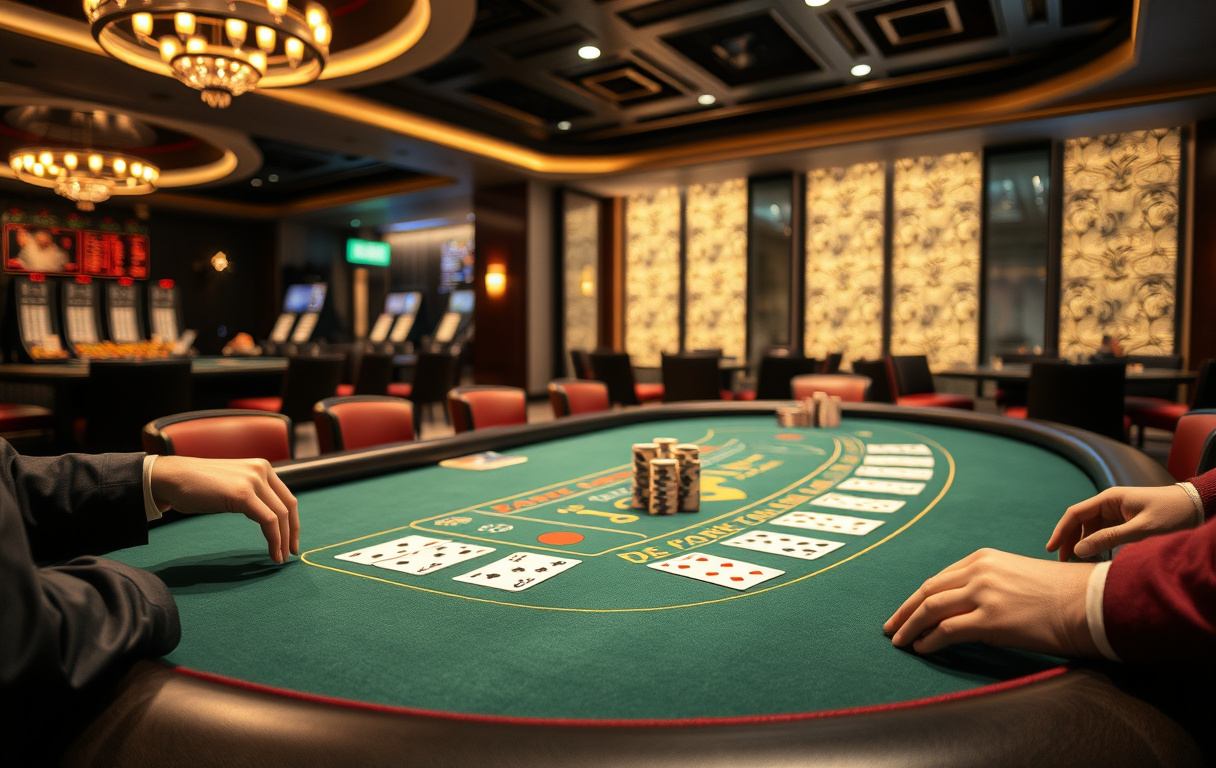Blackjack-bord med kort og sjetonger i et moderne casino