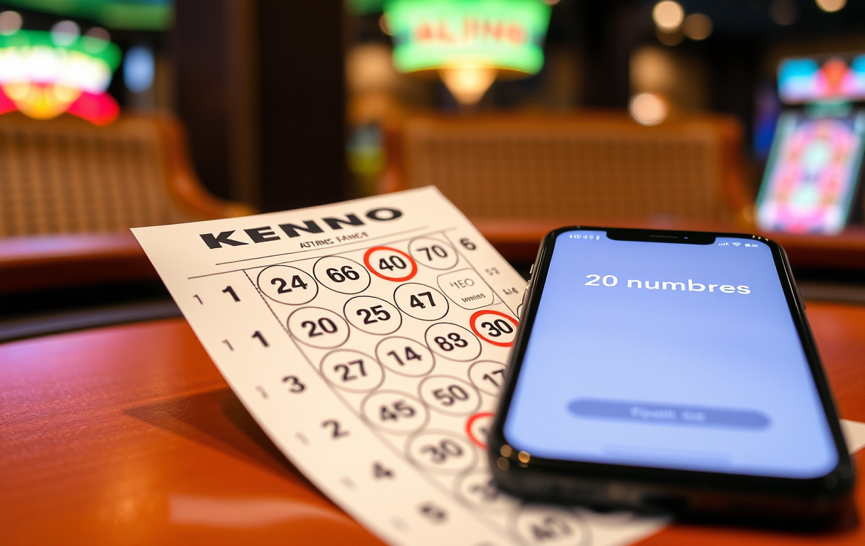 Kupong med kryssede tall og mobiltelefon som viser Keno-resultat