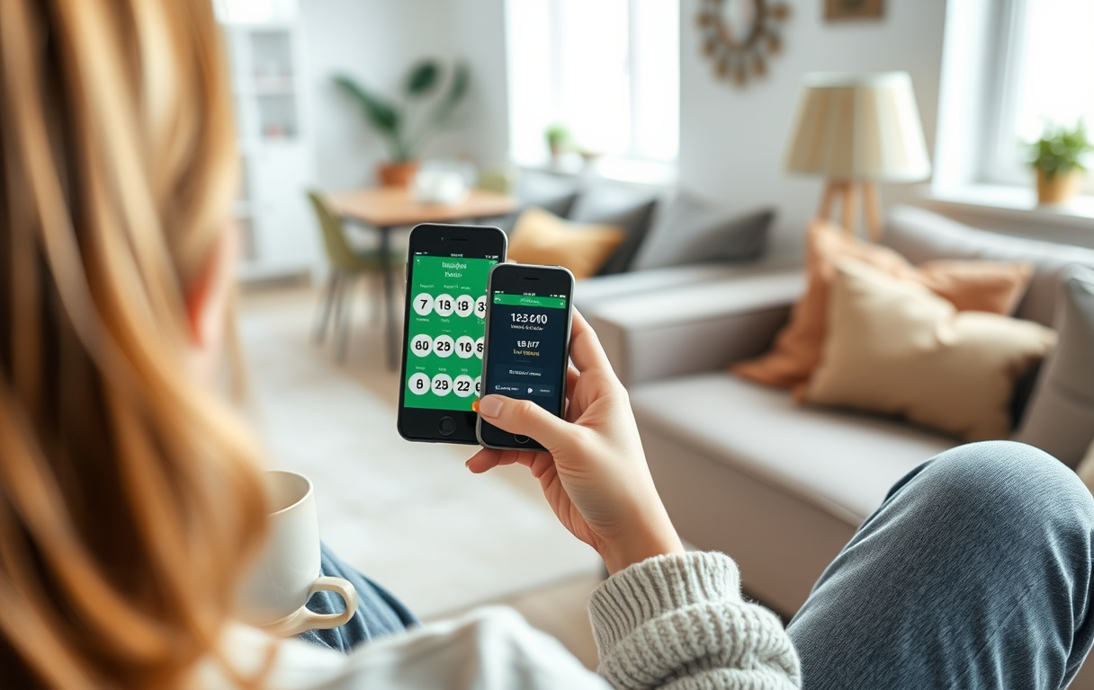 Person som spiller lotto på mobil via Norsk Tipping-appen i en stue