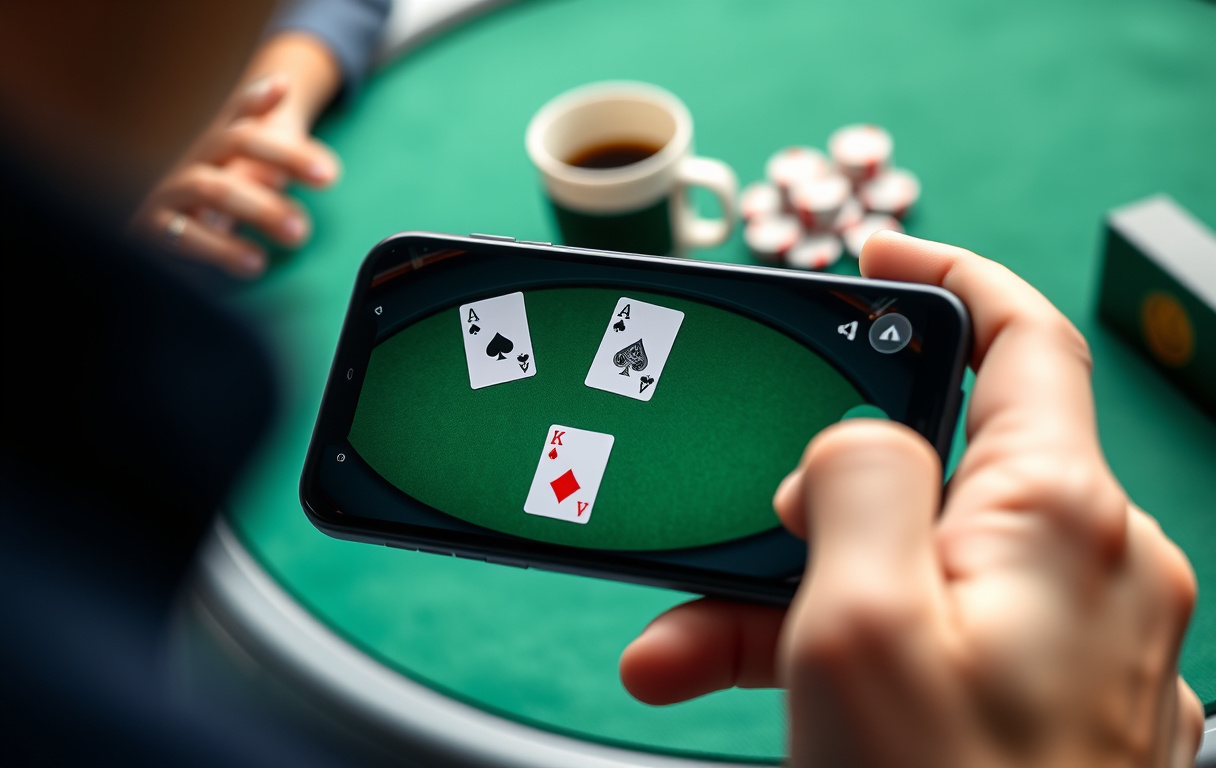 Mobiltelefon som viser en Texas Hold'em pokerhånd med et par ess, med kaffe og sjetonger på bordet.
