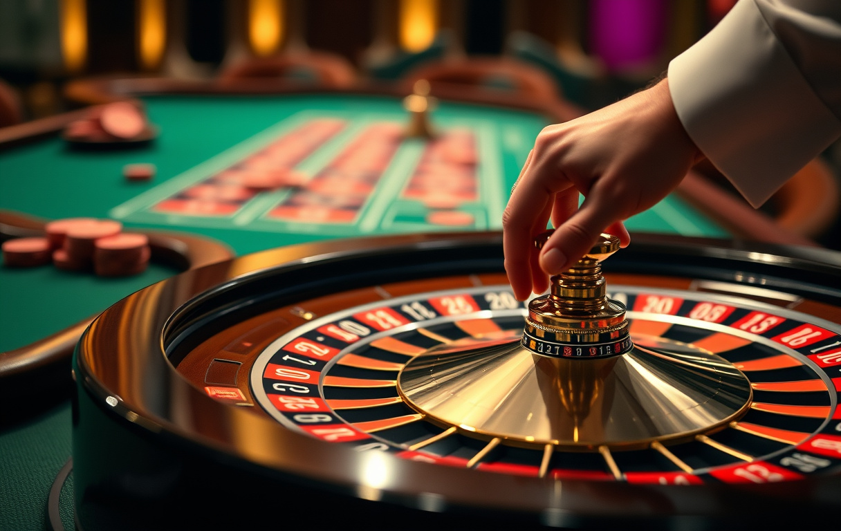Europeisk rulett hjul med sjetonger og croupier