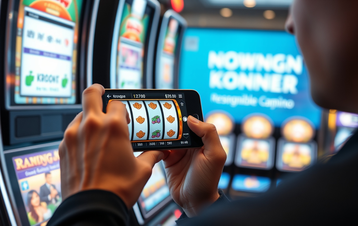 Person som spiller på spilleautomat på mobiltelefon med fokus på ansvarlig spilling og norske kroner.